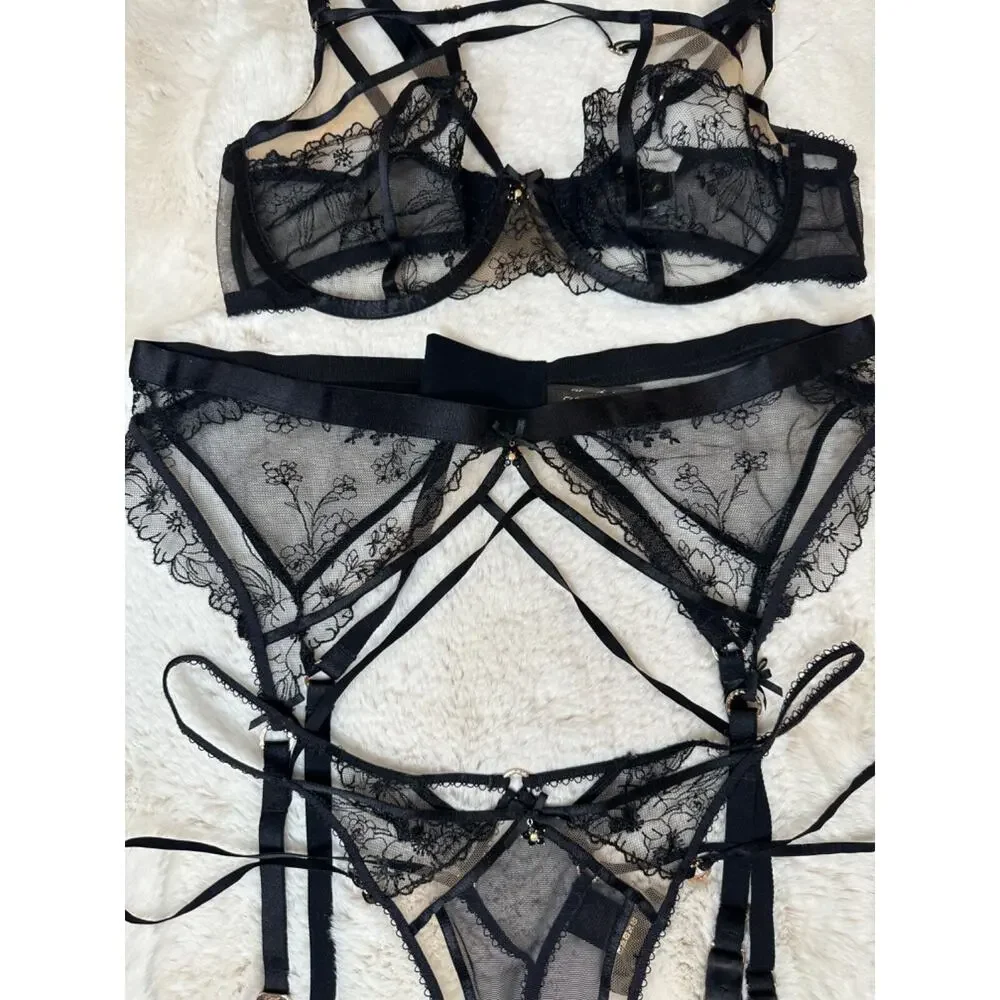 Honey Birdette EMMA🖤 Black Floral Lace 3 Piece Set 36D, L, M Thong